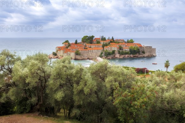 Sveti Stefan island in Montenegro resort at Adriatic sea, high angle view. Famous travel destination