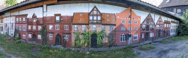 Panoramic photo of garage doors, with graffiti facades of buildings from the medieval old town of Lüneburg, Hanseatic city of Lüneburg, Lower Saxony, Germany, Europe