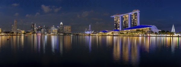 Panorama with Waterfront Promenade and Marina Bay Sands hotel complex, Marina Bay, Singapore, Singapore, Asia