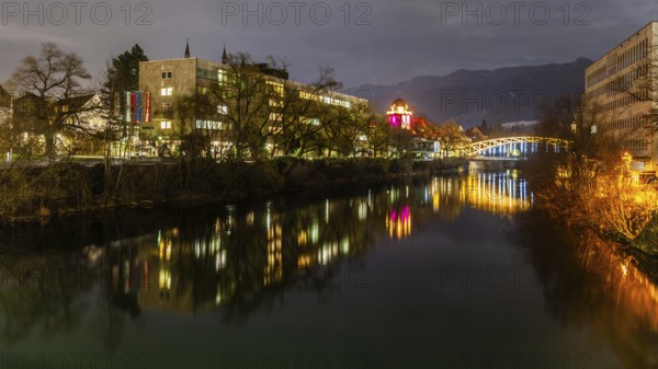 New town hall, Schwammerlturm, illuminated bridge over the river Mur, Waasenbrücke, night shot, Leoben, Styria, Austria, Europe