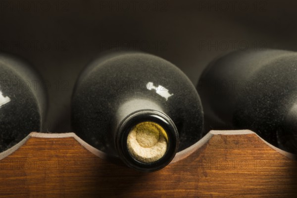 Wine bottles on shelf. Wine cellar. Close up wine bottles