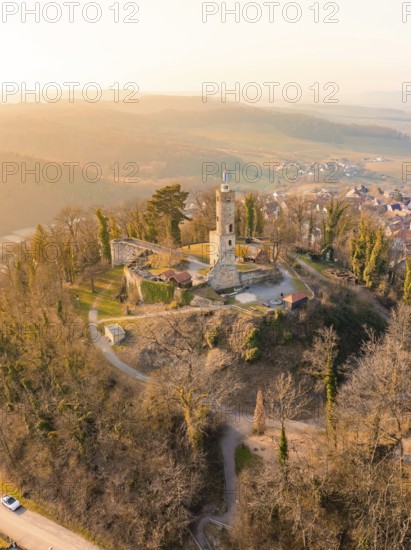 Aerial view of a castle ruin on a hill, surrounded by a village and bare trees, Löwenstein Castle, Heilbronn district, Germany