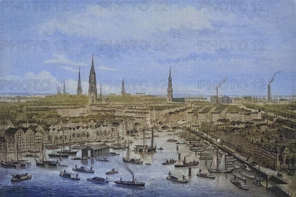 The part of Hamburg to be demolished due to the construction of the free harbour, Butenkajen, Kehrwieder, Germany, around 1885, Historical, digitally restored reproduction from a 19th century original, The part of Hamburg to be demolished due to the construction of the free harbour, around 1885, Historical, digitally restored reproduction from a 19th century original
