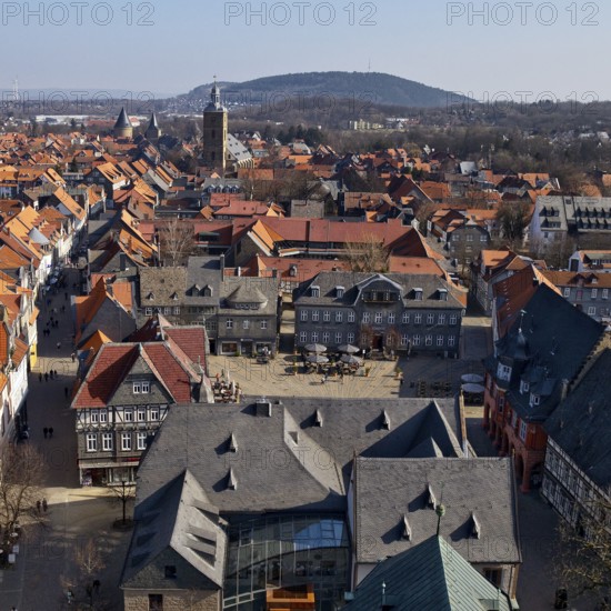 City panorama from the market church above the roofs of the old town of Goslar with a view of the market square and St Stephen's Church, Lower Saxony, Germany