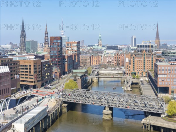 Aerial view of Hamburg's HafenCity with a view of Magdeburg harbour under a clear blue sky, HafenCity, Hamburg, Germany