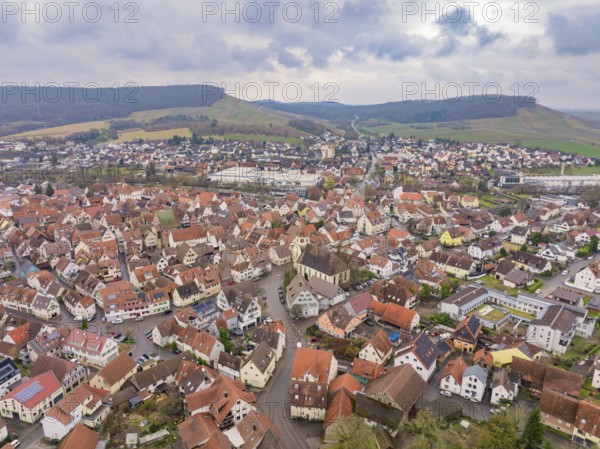 Aerial view of a village with red roofs and hills in a rural setting, Großbottwar, Ludwigsburg district, Baden-Württemberg, Germany