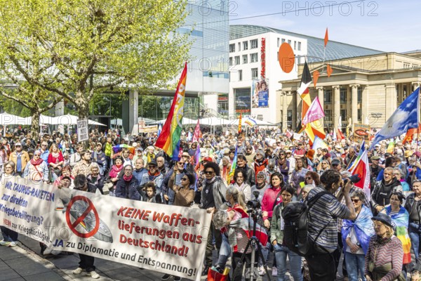 Easter march in Stuttgart under the motto: Peace-capable instead of war-capable! The peace network demonstrators demanded dialogue instead of rearmament from the federal government. Rally on the Schlossplatz. Stuttgart, Baden-Württemberg, Germany