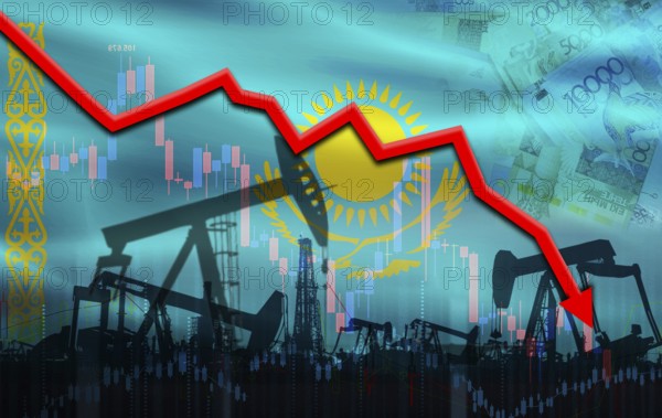Petrol crisis with Kazakhstan flag on financial graph. Fall oil price with flag of Kazakhstan on economic chart
