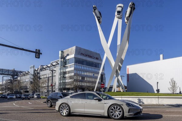 Inspiration 911 artwork by Gerry Judah: three steles, each up to 24 metres high, presenting a Porsche 911. Sports car in front of the company headquarters at Porscheplatz. Zuffenhausen, Stuttgart, Baden-Württemberg, Germany