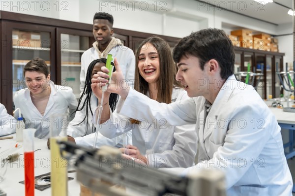 Diverse group of university chemistry students conducting an experiment in a lab, using lab coats and equipment, showcasing teamwork and scientific inquiry