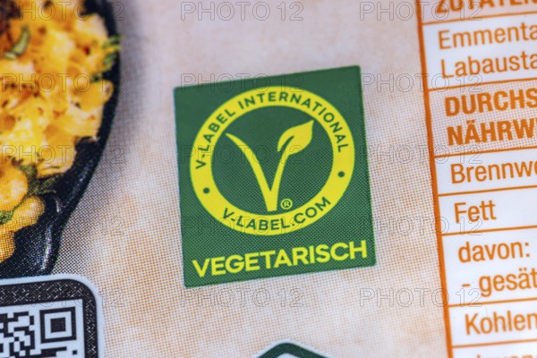 Ecolabel on food packaging, printed on the packaging. V-Label International, vegetarian. Baden-Württemberg, Germany