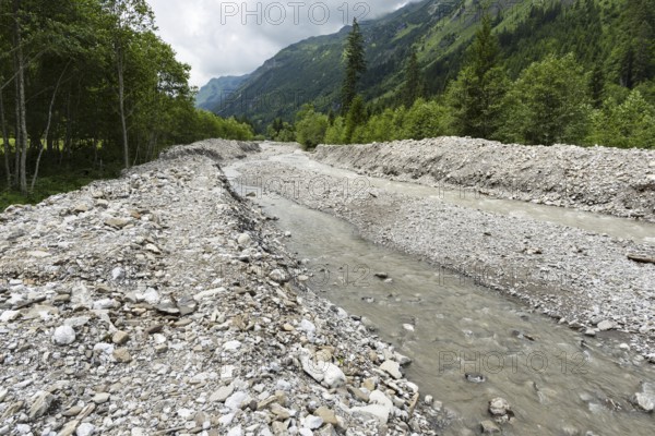 Illegal stream straightening in a nature reserve, Rappenalpbach in the Rappenalptal valley near Oberstdorf, Allgäu Alps, Allgäu, Bavaria, Germany