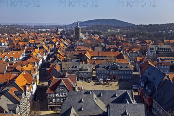 City panorama from the market church above the roofs of the old town of Goslar with a view of the market square and St Stephen's Church, Lower Saxony, Germany