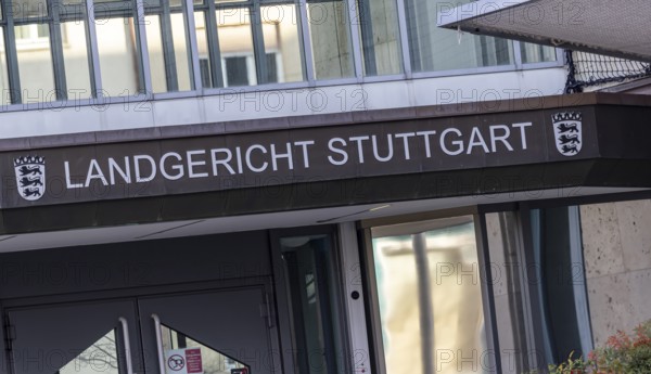 Stuttgart District Court, exterior view with lettering and state coat of arms. Stuttgart, Baden-Württemberg, Germany
