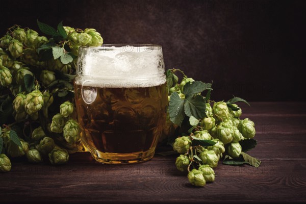 A mug of beer, on a wooden table, with a branch of fresh hops, rustic, no people