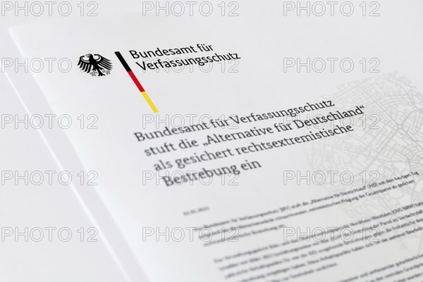 Germany - 05.05.2025: German press release saying 'The Federal Office for the Protection of the Constitution classifies the Alternative für Deutschland as a confirmed right-wing extremist endeavor. Assessment of political party AfD as a right-wing extremist movement