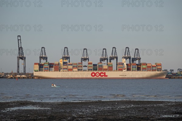 Container ship, container gantry cranes, boats, harbour, Harwich, Suffolk, England, Great Britain