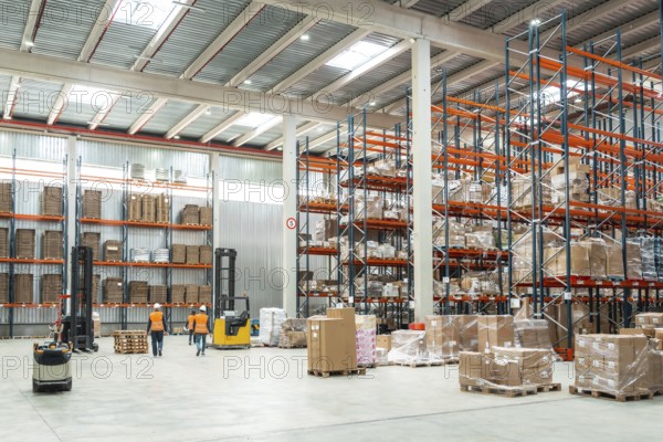 Warehouse workers are managing logistics, operating forklifts, and organizing packages on shelves in a distribution center