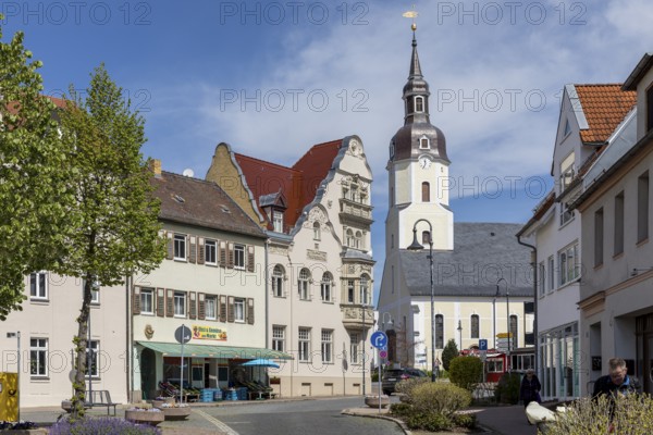 View of Seidemann House and St Moritz Church from the market square, Taucha, Saxony, Germany