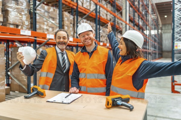 Warehouse workers and their manager are celebrating a successful logistics operation, expressing joy and teamwork in a modern storage facility