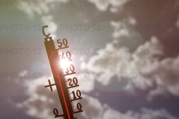 Symbolic image heat wave, thermometer in the sun, summer, climate change, temperature, record heat, heat, clouds, hot, Stuttgart, Baden-Württemberg, Germany