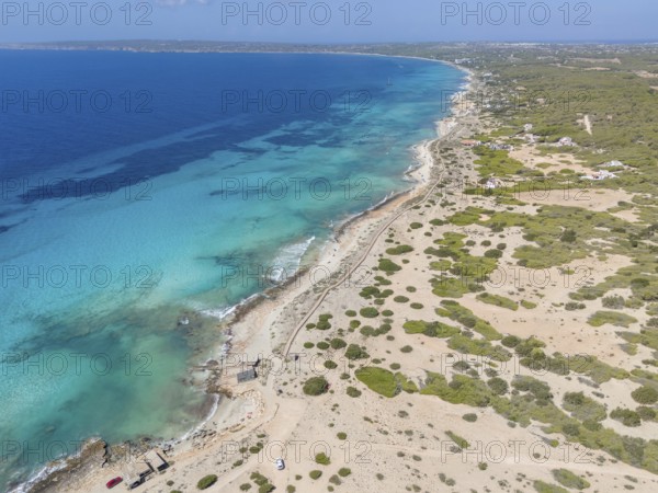 Aerial view of the beach walk at Platja Es Arenals, Playa Migjorn, Formentera, Balearic Islands, Spain