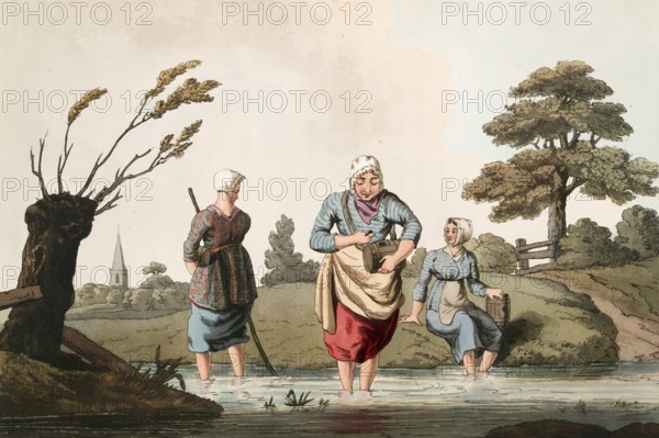 Scene from everyday life in England around 1810, leech seeker in the water, historical, digitally restored reproduction from a 19th century original, date unknown