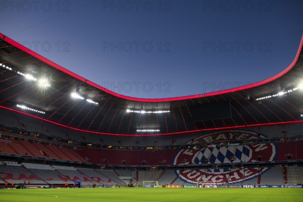 Evening match Allianz Arena, interior, illuminated, logo FC Bayern Munich, blue hour, UEFA Champions League Allianz Arena, Munich, Bavaria, Germany