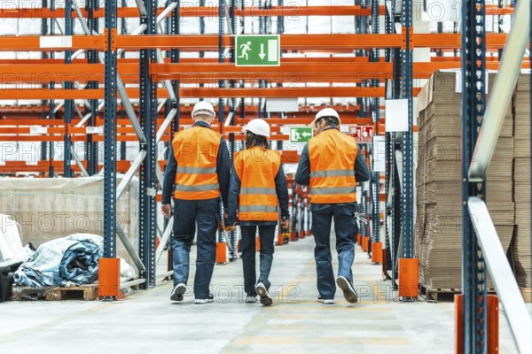 Warehouse workers wearing high visibility vests and hard hats are walking through a logistics center