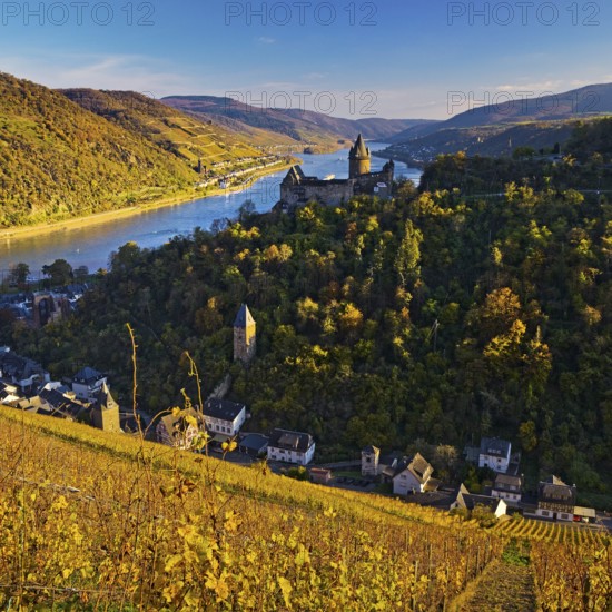 View of Bacharach with Stahleck Castle, hilltop castle above the Rhine, Upper Middle Rhine Valley in autumn, Rhineland-Palatinate, Germany