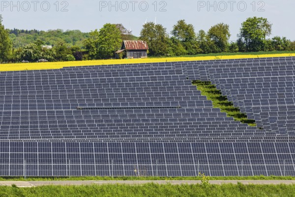 Agricultural land is used as a solar field. Nellingen in the Swabian Alb. Nellingen, Baden-Württemberg, Germany