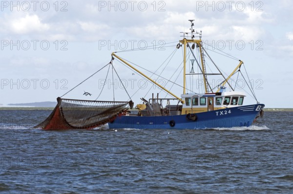 Trawler with dragnet fishing at sea, Texel, the Netherlands
