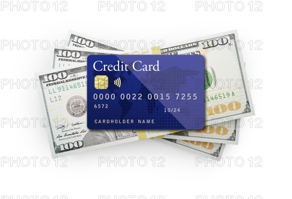 Thirty thousand dollars stack of one hundred dollar bills with a credit card on top isolated on a white background