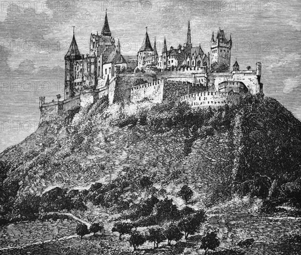 Hohenzollern Castle in Bisingen, ancestral seat of the House of Hohenzollern, high nobility, castle wall, many towers, protective position on a mountain, architecture, travel, Baden-Württemberg, Germany, historical illustration 1885