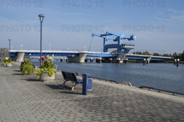 Bascule bridge on the Peenestrom, Waagebalken bascule bridge, Wolgast, Usedom Island, Mecklenburg-Western Pomerania, Germany