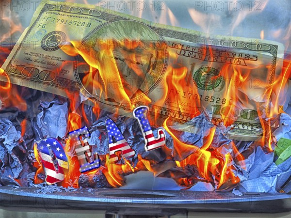 Symbolic image, Donald Trump on 100-dollar note burns in fire, Wall Street and Dax crash, President Trump erratic decisions, global tariffs, tariffs, share prices, euro, euro exchange rate, euro low, exchange rates, dollar parity, financial investment, recession worries, inflation, export, raw materials and primary products in dollars, oil in dollars, world crisis, Ukraine war, Germany, loss of democracy, autocracy, China, Russia