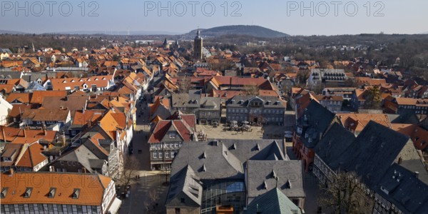 City panorama from the market church above the roofs of the old town of Goslar with a view of the market square and St Stephen's Church, Lower Saxony, Germany