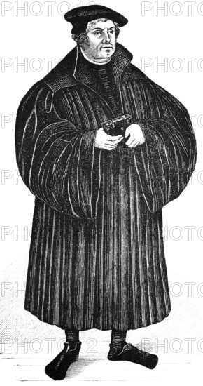 Martin Luther (1483, 1546) Portrait after Lucas Cranach, reformer, Augustinian monk, Bible translator, Renaissance, fixed gaze, historical illustration 1883