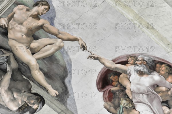 Michelangelo's Creation of Adam in the Sistine Chapel, Vatican Museum, Rome, Italy, Famous depiction of the Creation of Adam with God and figures in fresco, Vatican, Rome, Lazio, Italy