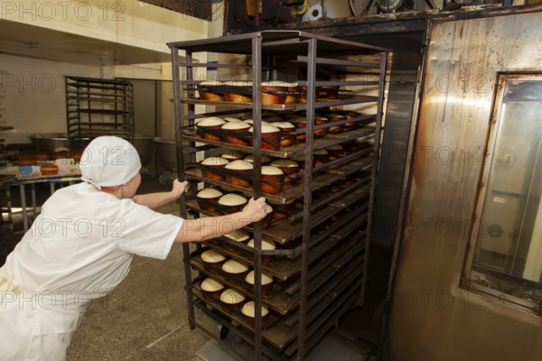 Belarus, the city of Gomil, April 25, 2019. Bakery.A bakery worker places trays with raw bread in the oven. Industrial production of bakery products