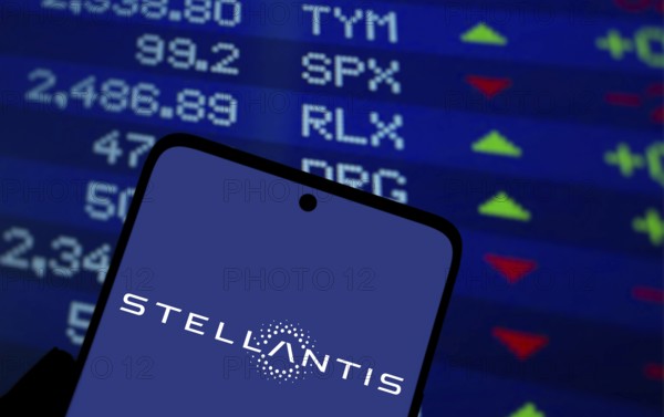 Stellantis logo is displayed on smartphone. Stellantis is a multinational automotive manufacturing company.