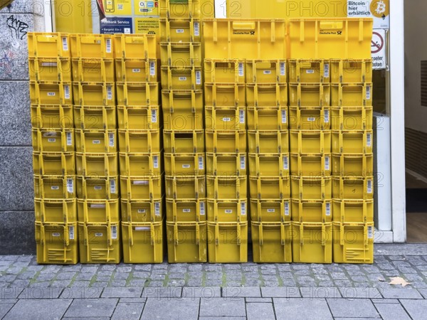 Stack of yellow post boxes in Düsseldorf, Germany