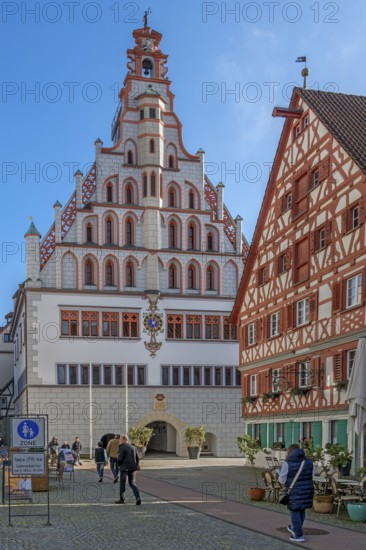 Half-timbered house and late Gothic town hall with early Baroque gable, historic old town, Bad forest lake, Upper Swabia, Baden-Württemberg, Germany