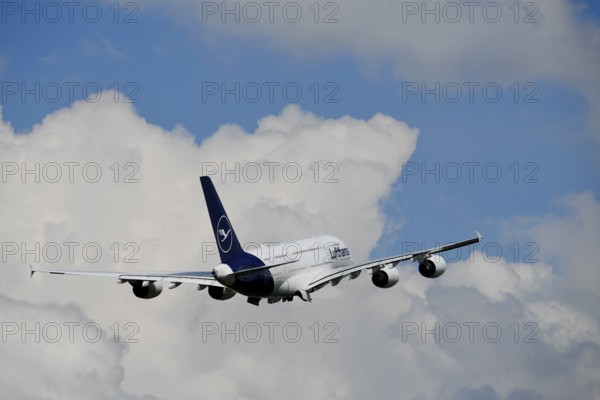Lufthansa Airbus A380-800 taking off with blue sky and clouds, runway, Munich Airport, Upper Bavaria, Bavaria, Germany