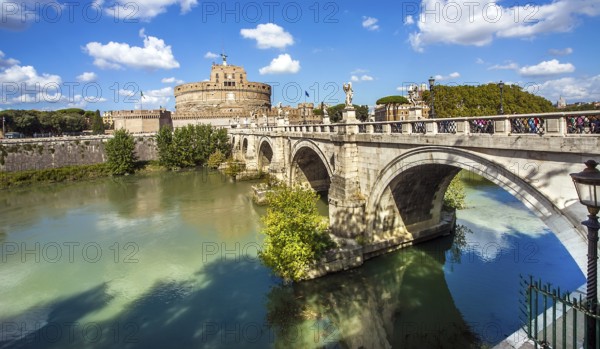 View of the Castel Sant'Angelo and the Angel Bridge on the Tiber in Rome Lazio Italy