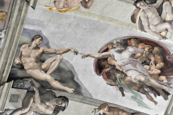Michelangelo's Creation of Adam in the Sistine Chapel, Vatican Museum, Rome, Italy, Detailed depiction of the Creation of Adam in fresco with God and angel, Vatican, Rome, Lazio, Italy