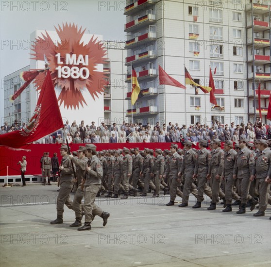 East Berlin, 01.05.1980, Karl-Marx-Allee, march past by members of the combat groups of the GDR, at the tribune at the demonstration on 1 May East Berlin, GDR GDR