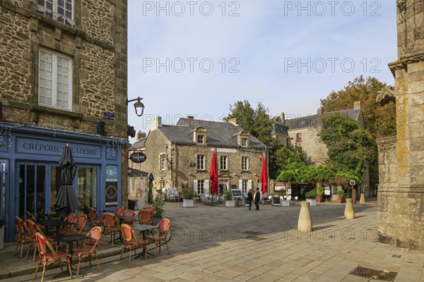 Church square and Rue Vannetaise, medieval town of Guerande, Loire-Atlantique department, Pays de la Loire region, France