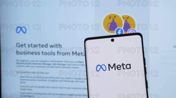 Dhaka, Bangladesh 30 April 2025: Meta logo on smartphone screen. Meta is the new name of the company that owns Facebook, WhatsApp and Instagram