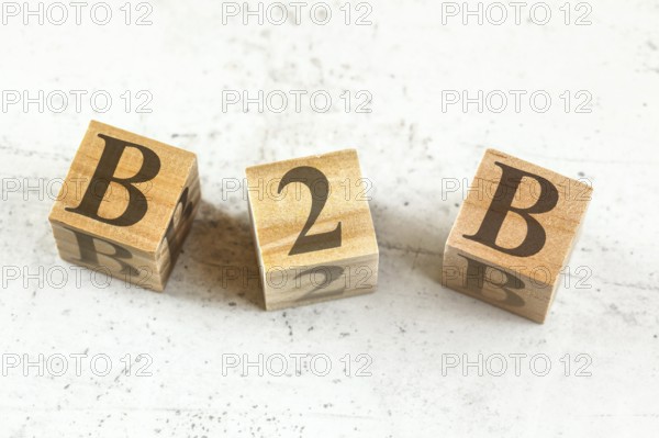 Three wooden cubes with letters B2B - stands for Business to Busines - on white board, Liptovsky Hradok, Slovakia